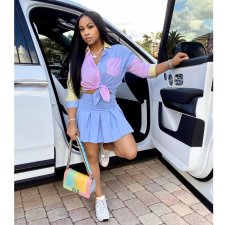Striped 3/4 Sleeve Shirt Top+Pleated Mini Skirt 2 Piece Sets HMS-5438