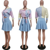 Striped 3/4 Sleeve Shirt Top+Pleated Mini Skirt 2 Piece Sets HMS-5438