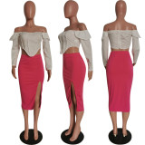 Sexy Slash Neck Top+Split Midi Skirt 2 Piece Sets HMS-5436