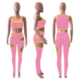 Fashion Sports Slim Letter Print Vest And Hollow Pants Two Piece Sets NIK-220