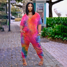 Plus Size Tie Dye Print V Neck Loose Jumpsuit BDF-8061