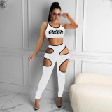Fashion Sports Slim Letter Print Vest And Hollow Pants Two Piece Sets NIK-220