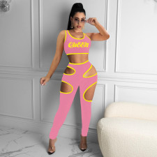 Fashion Sports Slim Letter Print Vest And Hollow Pants Two Piece Sets NIK-220
