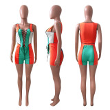 Ribbed Spliced Tie Up Vest And Shorts Casual Fashion Two Piece Sets NIK-223