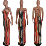 Sexy Printed Strappy Backless High Split Maxi Dress HMS-5440