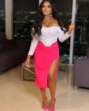 Sexy Slash Neck Top+Split Midi Skirt 2 Piece Sets HMS-5436
