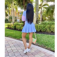 Striped 3/4 Sleeve Shirt Top+Pleated Mini Skirt 2 Piece Sets HMS-5438