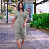 Plus Size Solid V Neck Short Sleeve  Loose Jumpsuits BDF-8059