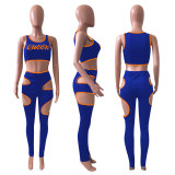 Fashion Sports Slim Letter Print Vest And Hollow Pants Two Piece Sets NIK-220