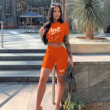 Fashion Casual PINK Letter Print Short Sleeve Shorts Two Piece Sets YIM-171