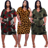 Plus Size Loose Print V-neck Casual Midi Dress TK-6159