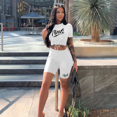 Fashion Casual PINK Letter Print Short Sleeve Shorts Two Piece Sets YIM-171