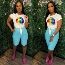 Lip Print Short Sleeve Casual Two Piece Sets OY-6263