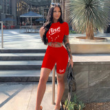 Fashion Casual PINK Letter Print Short Sleeve Shorts Two Piece Sets YIM-171