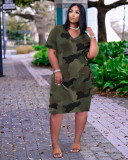 Plus Size Loose Print V-neck Casual Midi Dress TK-6159