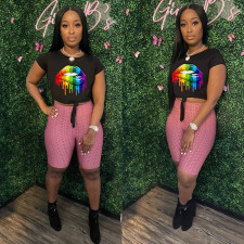 Lip Print Short Sleeve Casual Two Piece Sets OY-6263