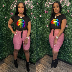 Lip Print Short Sleeve Casual Two Piece Sets OY-6263