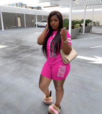 Plus Size Fashion Casual PINK Letter Print T-shirt Shorts Two Piece Sets YIM-172