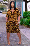 Plus Size Loose Print V-neck Casual Midi Dress TK-6159
