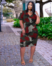Plus Size Loose Print V-neck Casual Midi Dress TK-6159