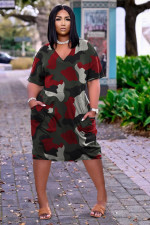 Plus Size Loose Print V-neck Casual Midi Dress TK-6159