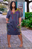 Ink Jet Print V Neck Casual Loose Dress NYF-8048