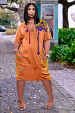 Ink Jet Print V Neck Casual Loose Dress NYF-8048