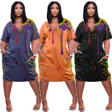 Ink Jet Print V Neck Casual Loose Dress NYF-8048