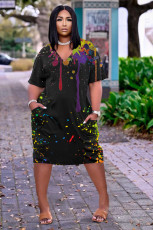 Ink Jet Print V Neck Casual Loose Dress NYF-8048