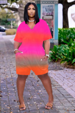 Casual Loose Gradient V Neck Short Sleeve Romper JH-226