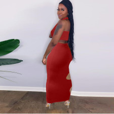 Solid Sleeveless Hole Hollow Out Bodycon Long Skirt Sets HM-6512
