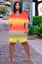 Casual Loose Gradient V Neck Short Sleeve Romper JH-226