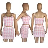 Houndstooth Print Cami Top Mini Skirt Two Piece Sets LM-8229