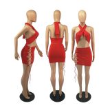 Sexy Halter Crop Top Lace Up Mini Skirt 2 Piece Sets FOSF-8063 