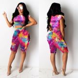 Tie Dye Print Short Sleeve Ruffled Shorts 2 Piece Set DDF-8015
