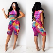 Tie Dye Print Short Sleeve Ruffled Shorts 2 Piece Set DDF-8015