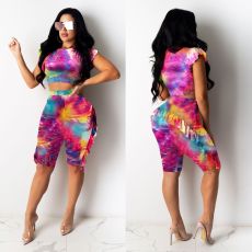 Tie Dye Print Short Sleeve Ruffled Shorts 2 Piece Set DDF-8015
