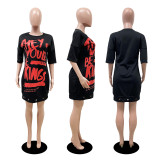 Plus Size Letter Print Half Sleeve Mini Dress DDF-8034
