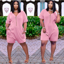 Casual Loose Solid V Neck Zipper Romper AL-242