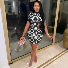 Poker Print Backless Short Sleeve Mini Dress DDF-8079