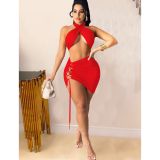 Sexy Halter Crop Top Lace Up Mini Skirt 2 Piece Sets FOSF-8063 