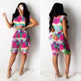 Tie Dye Print Short Sleeve Ruffled Shorts 2 Piece Set DDF-8015