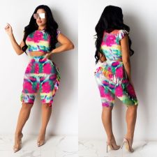 Tie Dye Print Short Sleeve Ruffled Shorts 2 Piece Set DDF-8015