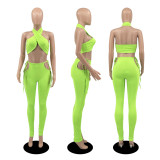 Sexy Solid Halter Backless Two Piece Pant Set DDF-8076