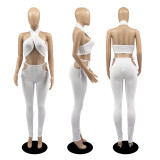 Sexy Solid Halter Backless Two Piece Pant Set DDF-8076