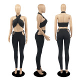 Sexy Solid Halter Backless Two Piece Pant Set DDF-8076