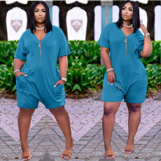 Casual Loose Solid V Neck Zipper Romper AL-242