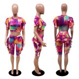 Tie Dye Print Short Sleeve Ruffled Shorts 2 Piece Set DDF-8015