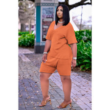 Solid V Neck Short Sleeve Casual Two Piece Sets DDF-8086