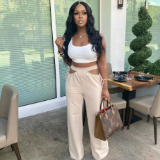 Solid Hollow Out Wide Leg Pants TR-1126